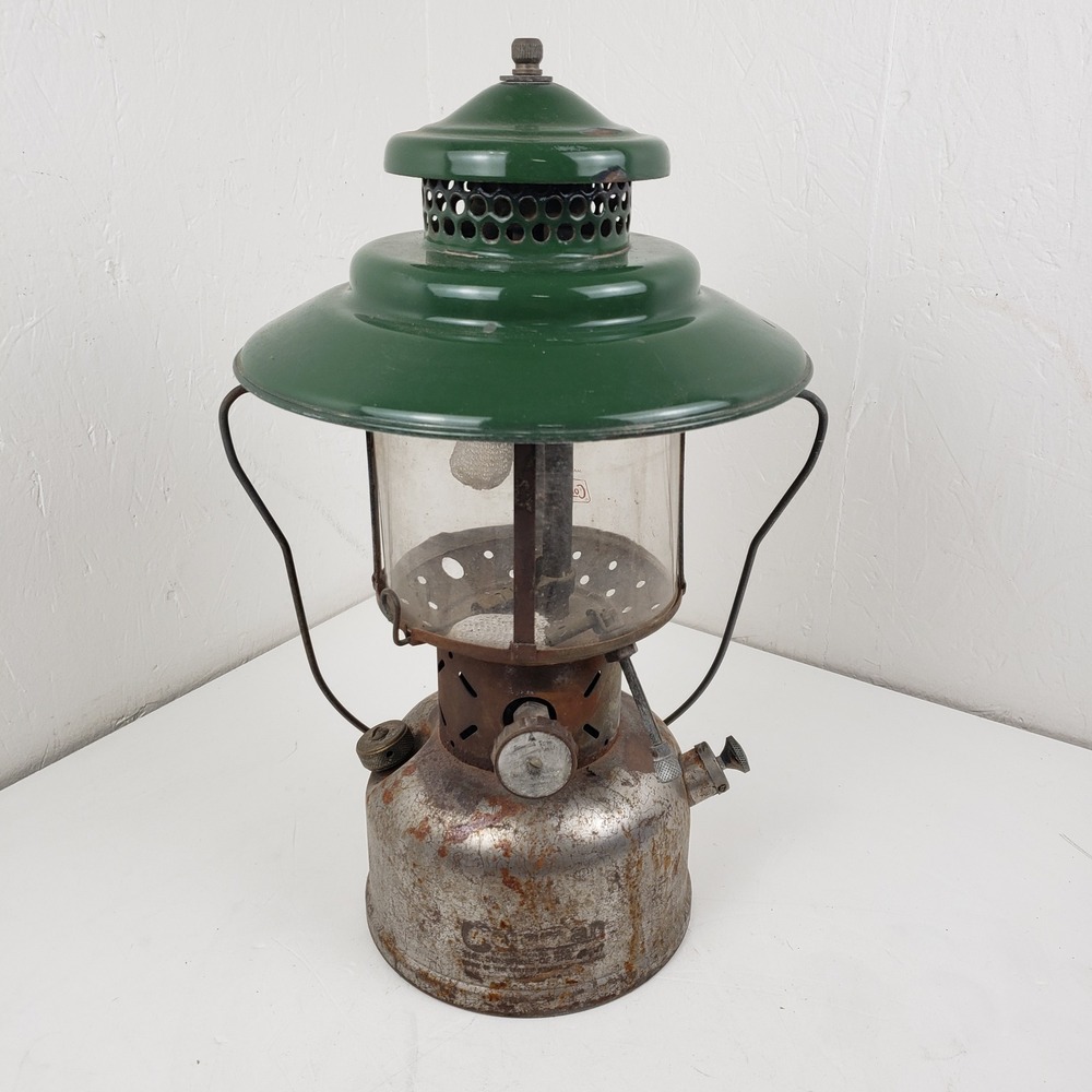 Vintage Coleman 228E Lantern Green Enamel Nickel Fount Pyrex Globe 3/59 Big Hat